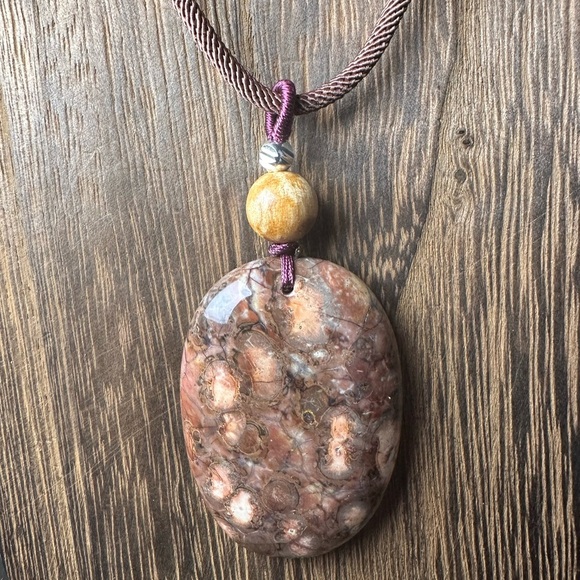 Jewelry - Ocean Jasper Pendant Necklace, Palo Santo Bead on Brown Rope
